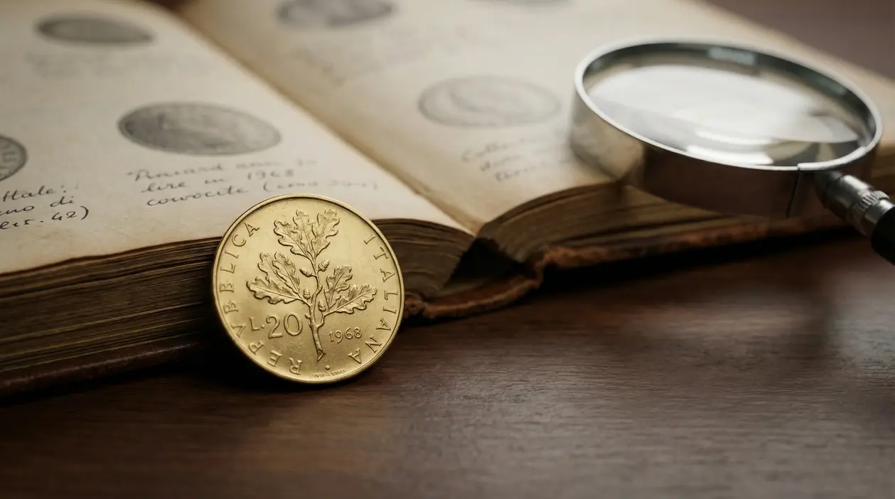 Moneta italiana da 20 lire del 1968 con ramo di quercia accanto a un libro antico e una lente d’ingrandimento