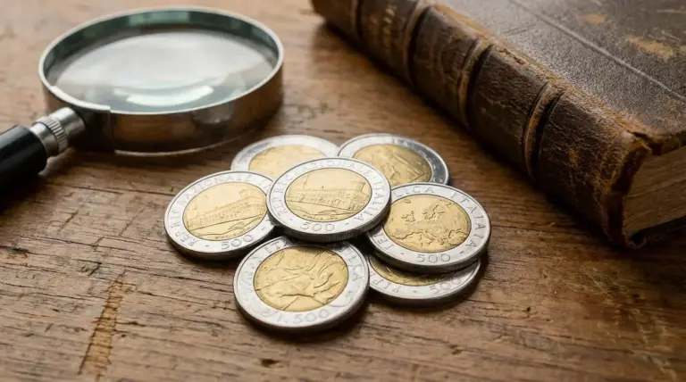 Monete da 500 lire bimetalliche su un tavolo in legno con lente d’ingrandimento e libro antico