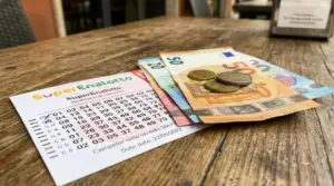 Schedina del Superenalotto con banconote e monete su un tavolo, immagine legata alla vincita del 6 a Teramo