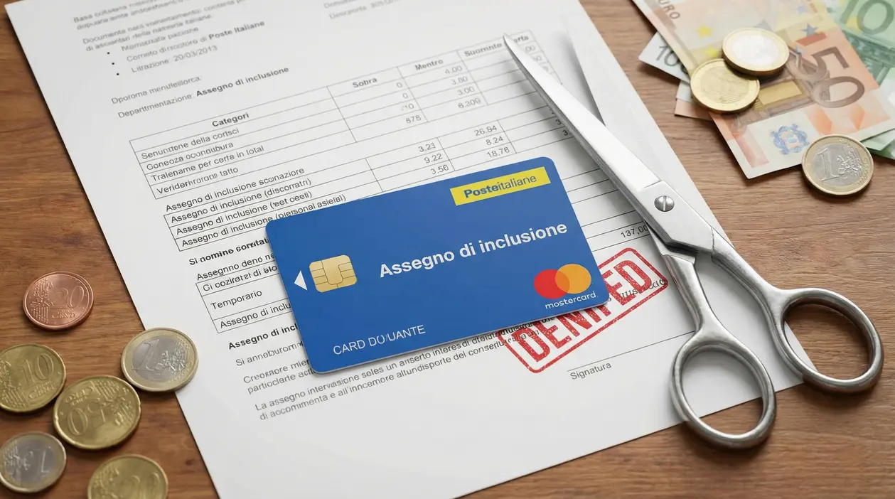 Carta Assegno di inclusione su documenti con forbici e monete, simbolo di tagli e nuove regole