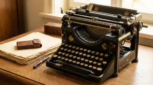 Macchina da scrivere antica su scrivania in legno con fogli e penna, simbolo di un modello da collezione ricercato