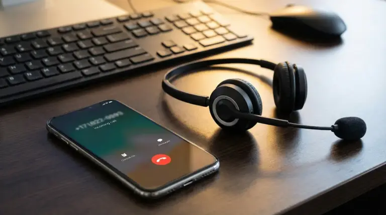 Smartphone con chiamata in arrivo e cuffie con microfono su una scrivania, simbolo di un call center