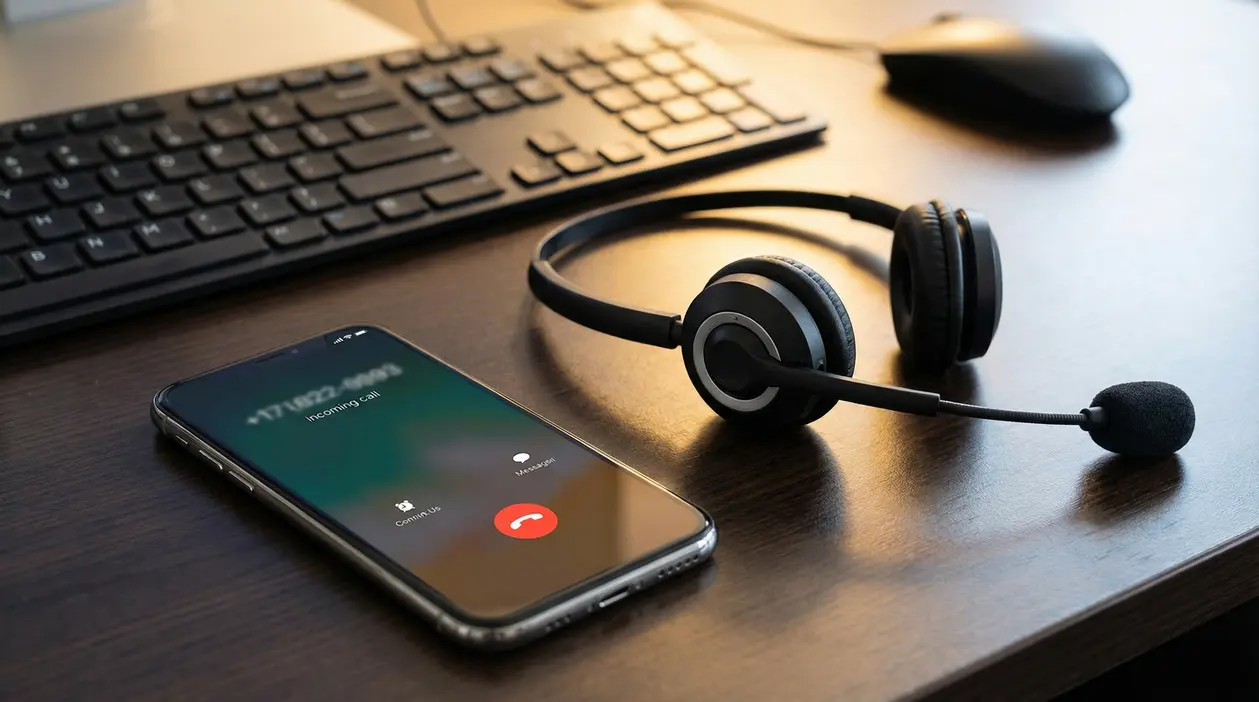 Smartphone con chiamata in arrivo e cuffie con microfono su una scrivania, simbolo di un call center
