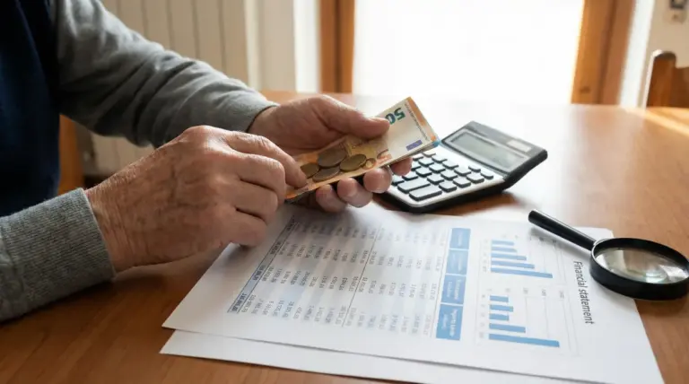 Persona anziana conta euro accanto a calcolatrice e documenti, tema aumento pensioni e inflazione