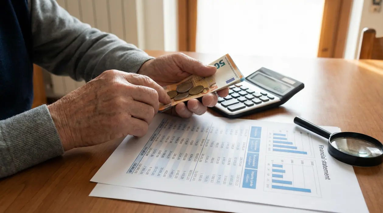 Persona anziana conta euro accanto a calcolatrice e documenti, tema aumento pensioni e inflazione