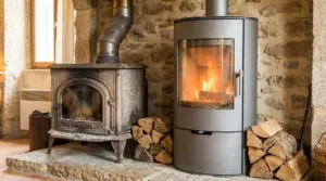 Vecchia stufa a legna accanto a una stufa moderna in una casa, confronto per bonus sostituzione camini