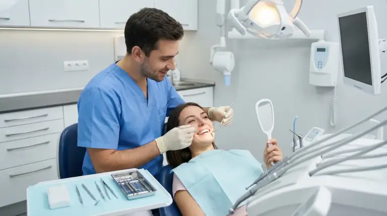 Dentista visita una paziente sorridente su poltrona in uno studio odontoiatrico moderno