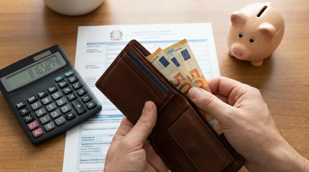 Portafoglio con banconote in euro, calcolatrice e salvadanaio accanto a un documento fiscale