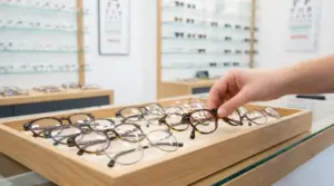 Una mano sceglie una montatura da vista su un vassoio in un negozio di ottica