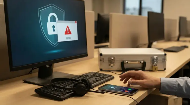 Postazione call center con computer, cuffie e smartphone, simboli di sicurezza e allerta su possibile truffa telefonica