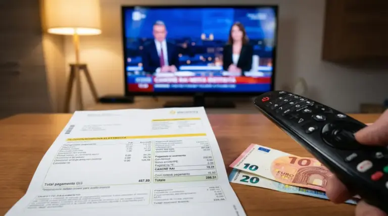 Bolletta elettrica con telecomando, TV accesa e banconote sul tavolo, tema canone TV in bolletta