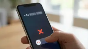 Smartphone con chiamata in arrivo da numero che inizia con +44 e dito sul pulsante per rifiutare la chiamata