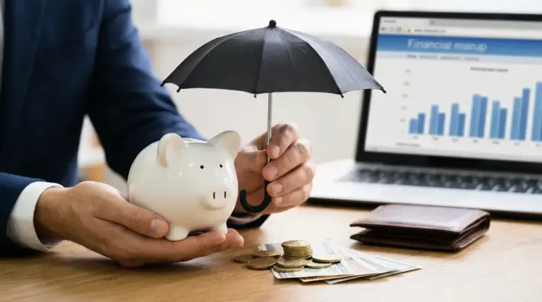 Persona protegge un salvadanaio con un ombrello, simbolo di risparmi al riparo dall’inflazione