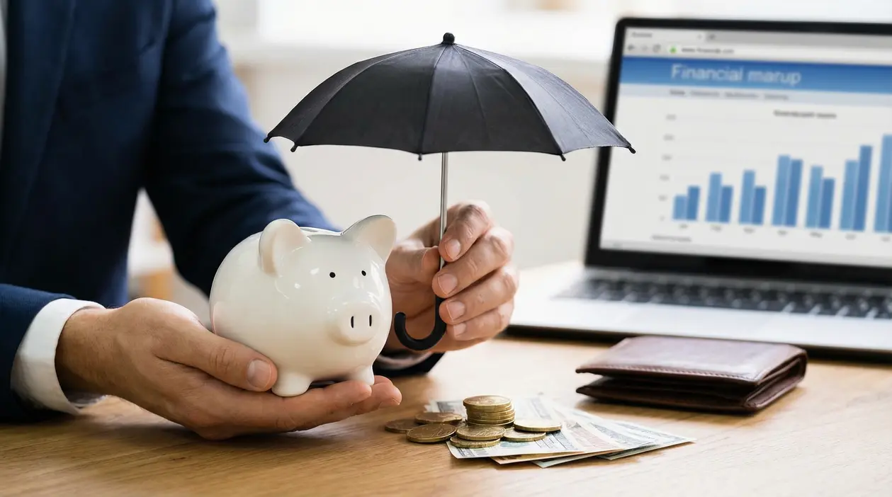 Persona protegge un salvadanaio con un ombrello, simbolo di risparmi al riparo dall’inflazione