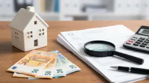 Modellino di casa con documenti, lente, calcolatrice e banconote euro su un tavolo, tema controlli IMU