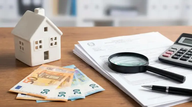 Modellino di casa con documenti, lente, calcolatrice e banconote euro su un tavolo, tema controlli IMU