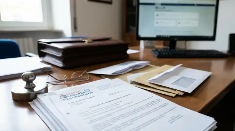 Documenti dell’Agenzia Entrate-Riscossione su una scrivania d’ufficio con buste, timbro e computer