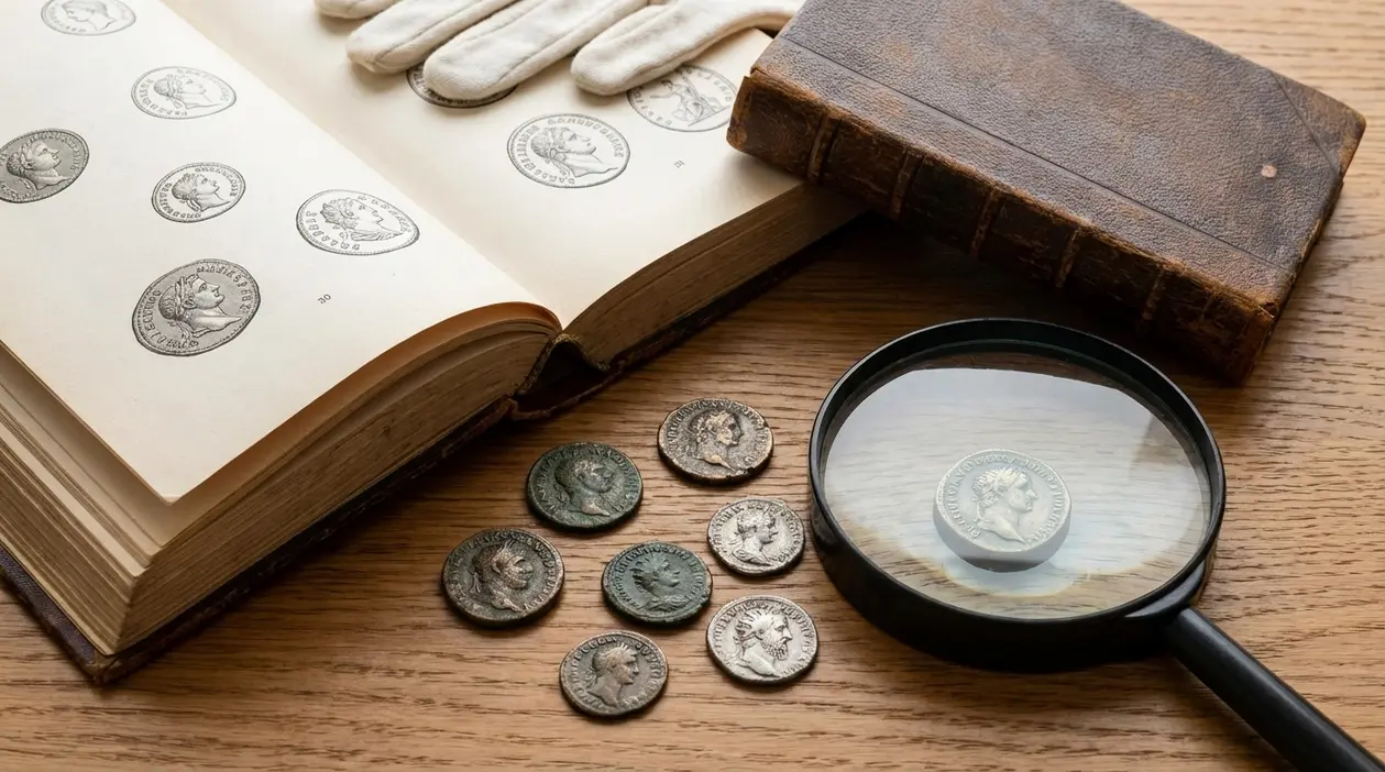 Monete antiche con lente d’ingrandimento, libro numismatico e guanti su un tavolo in legno