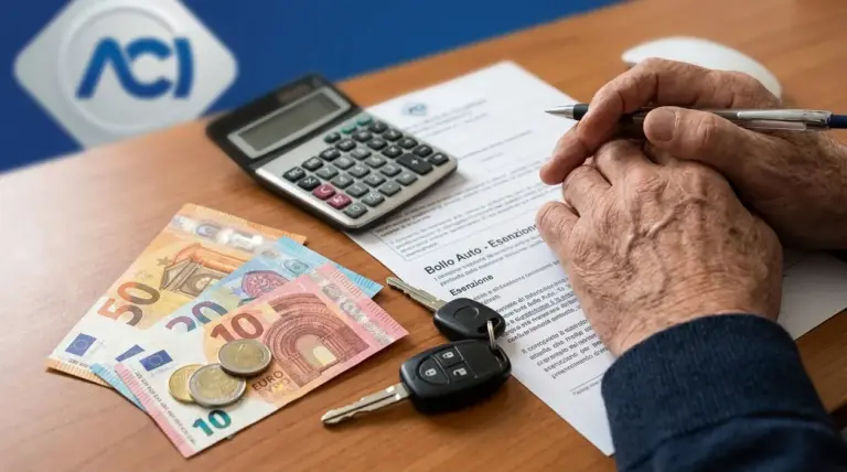 Persona anziana compila un modulo ACI con calcolatrice, chiavi dell’auto e denaro sul tavolo