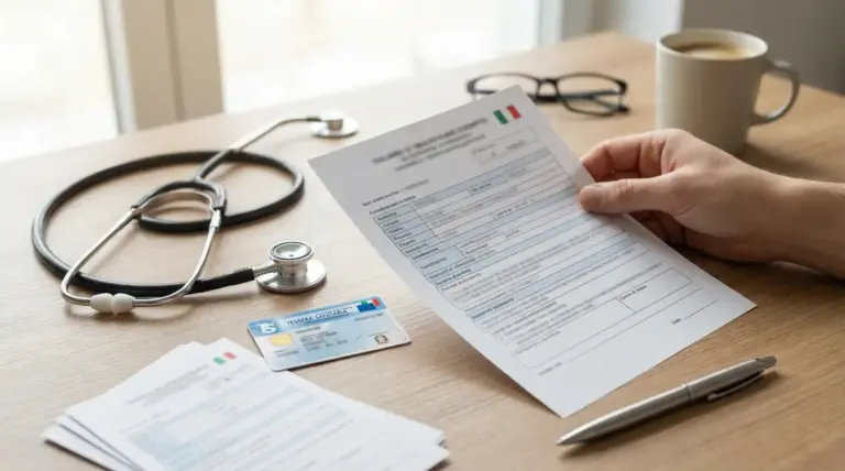 Mano con modulo sanitario accanto a tessera sanitaria e stetoscopio su una scrivania