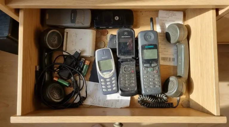 Vecchi cellulari e telefoni fissi conservati in un cassetto di legno, tra cavi, batterie e ricevute
