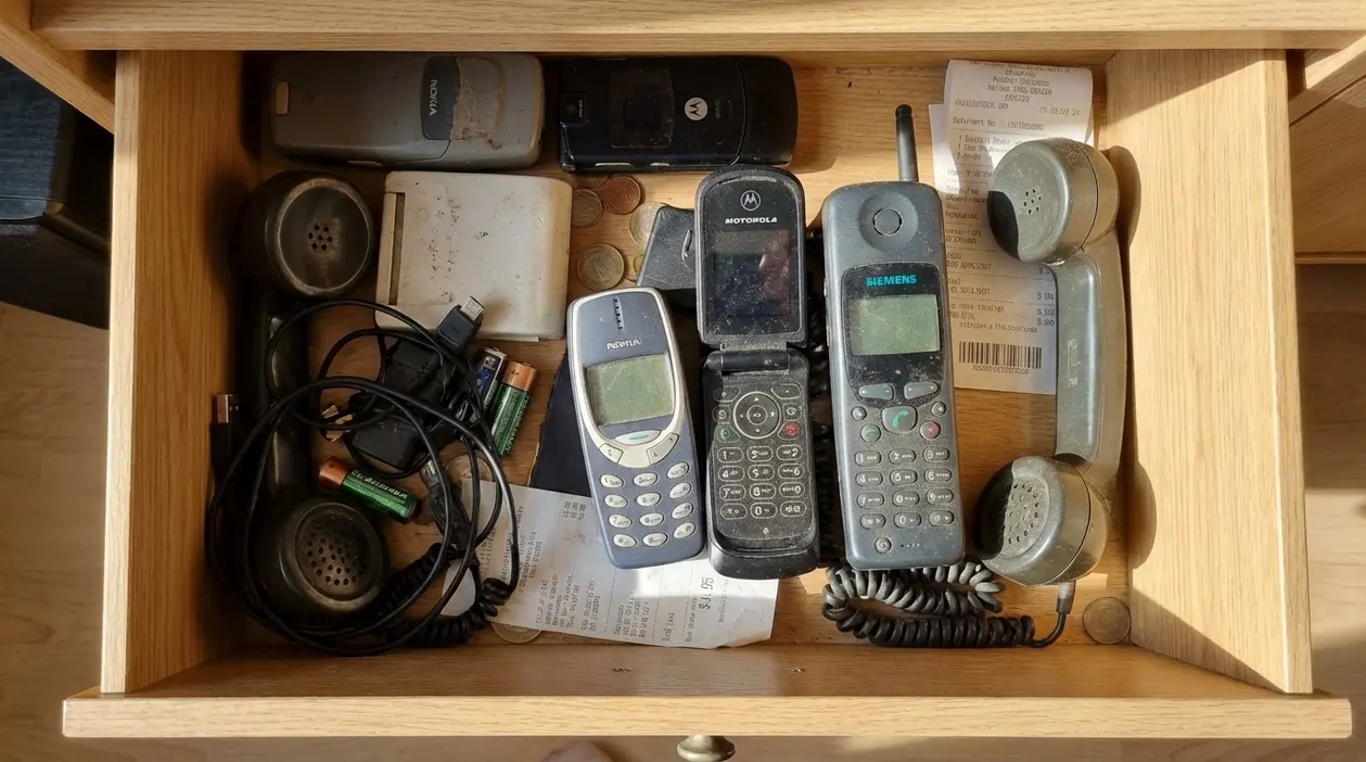 Vecchi cellulari e telefoni fissi conservati in un cassetto di legno, tra cavi, batterie e ricevute