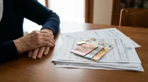 Persona anziana seduta al tavolo con documenti e banconote in euro, simbolo dell’indennità di vedovanza