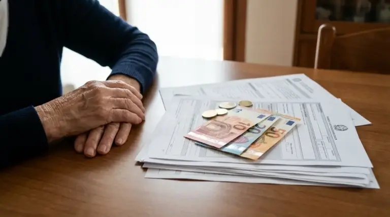Persona anziana seduta al tavolo con documenti e banconote in euro, simbolo dell’indennità di vedovanza