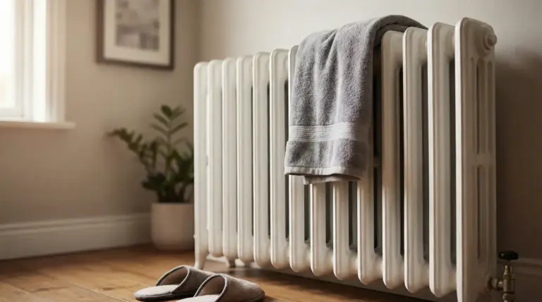 Asciugamano appoggiato su un termosifone in casa, esempio di errore che riduce il calore e aumenta i consumi