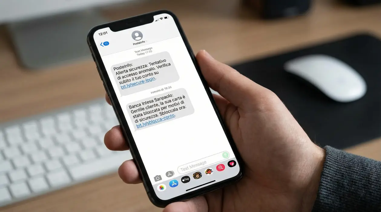 Persona che tiene uno smartphone con messaggi sospetti di phishing sullo schermo