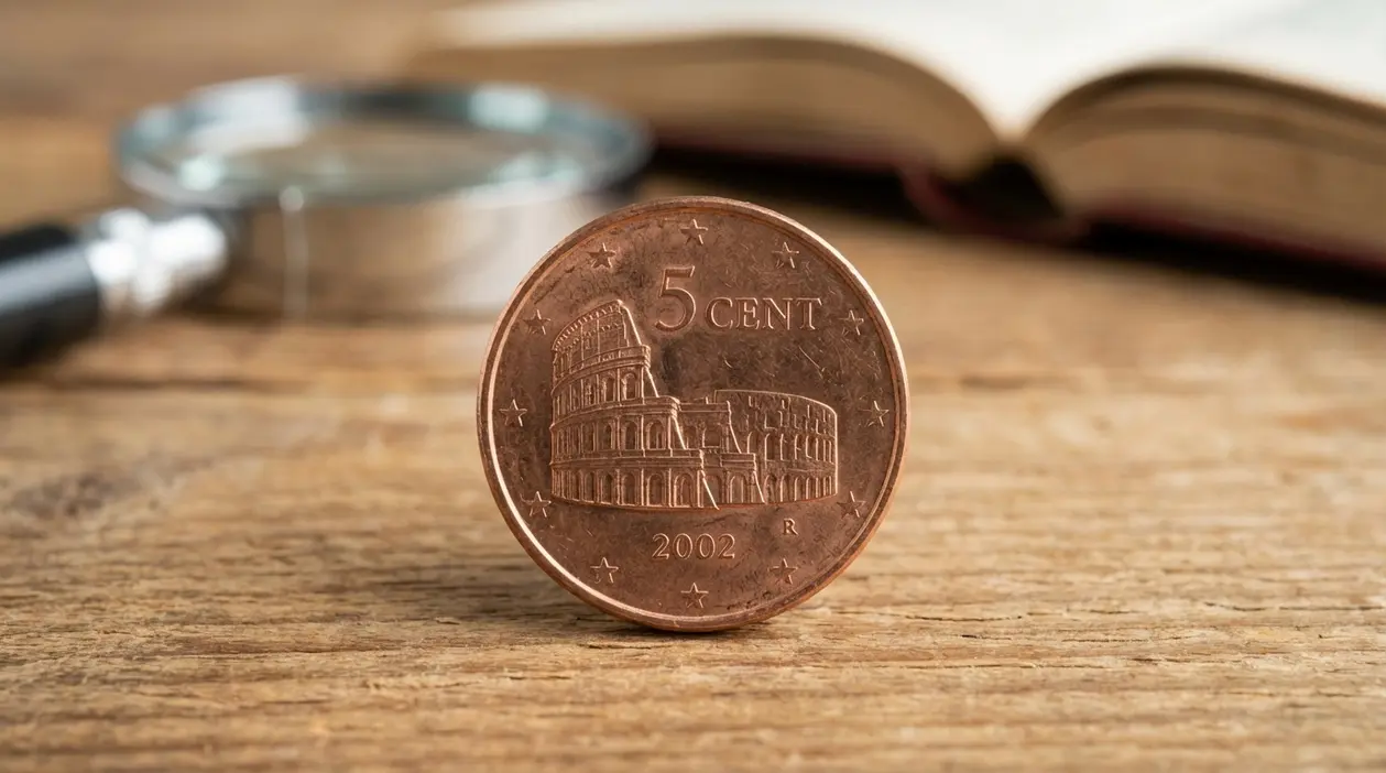 Moneta italiana da 5 centesimi con il Colosseo in primo piano su un tavolo, con lente e libro sullo sfondo