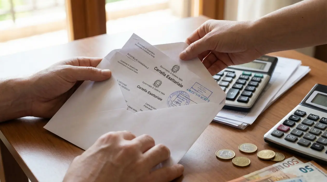 Persona apre una cartella esattoriale al tavolo con calcolatrici, monete e documenti fiscali