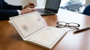 Documento aperto su una scrivania con laptop, occhiali e penna in un ufficio