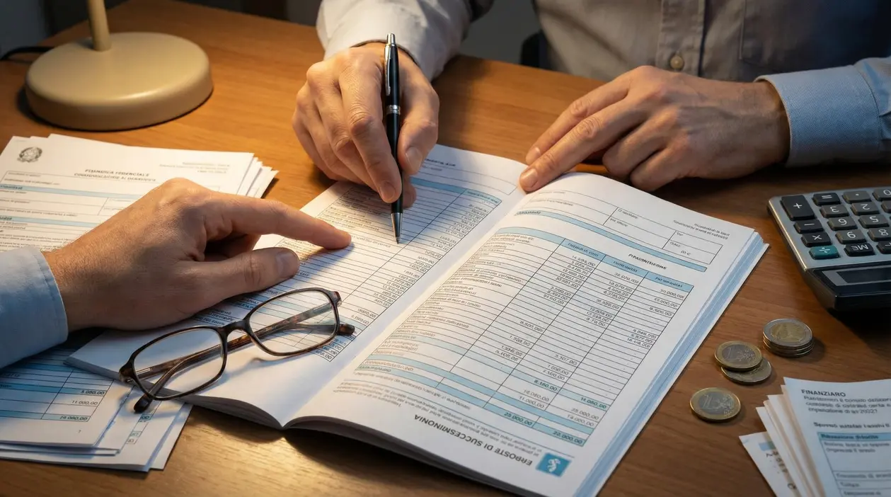 Due persone esaminano documenti finanziari con calcolatrice e monete su una scrivania.