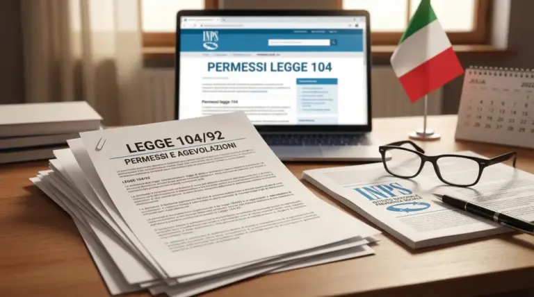 Documenti sulla legge 104 e portale INPS aperto su laptop, con bandiera italiana su una scrivania