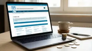 Portatile con sito INPS aperto su una scrivania, accanto a monete, taccuino e tazza