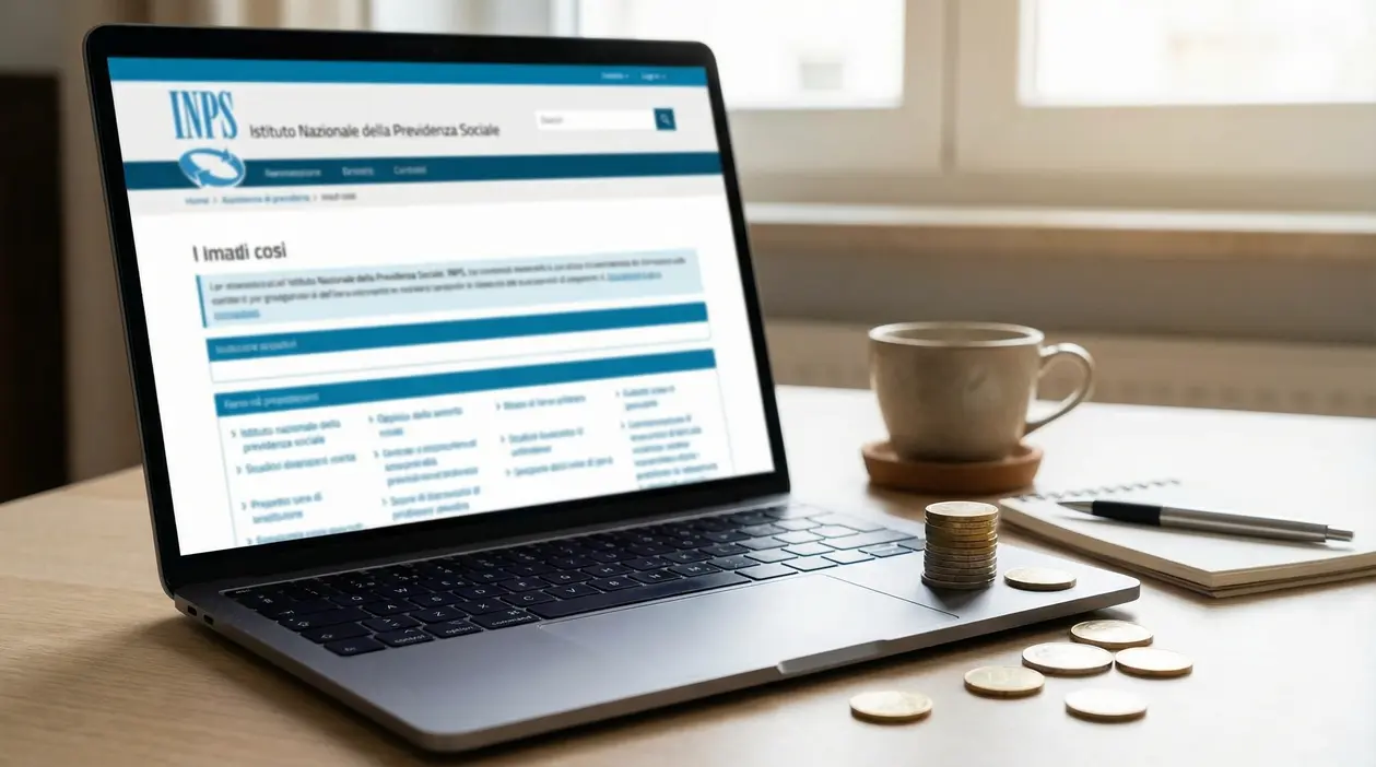 Portatile con sito INPS aperto su una scrivania, accanto a monete, taccuino e tazza