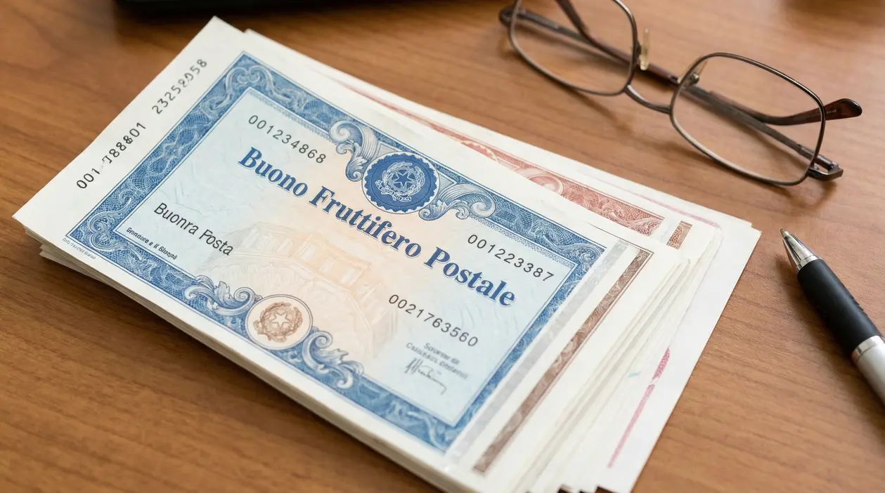 Buoni fruttiferi postali su una scrivania con occhiali e penna, simbolo di risparmio e investimento sicuro