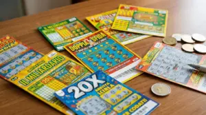 Diversi biglietti Gratta e Vinci su un tavolo con monete e penna, tema nuovi tagliandi con vincite più alte