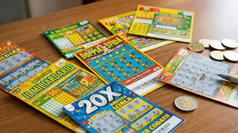 Diversi biglietti Gratta e Vinci su un tavolo con monete e penna, tema nuovi tagliandi con vincite più alte