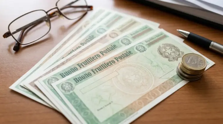 Buoni fruttiferi postali su una scrivania con occhiali, penna e monete in euro