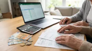 Persona anziana controlla documenti e calcolatrice con euro sul tavolo per stimare l'importo della pensione
