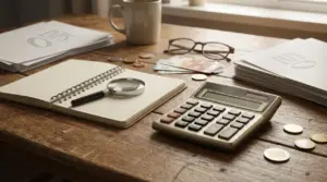 Calcolatrice, banconote e monete su un tavolo con documenti, per il calcolo della pensione minima