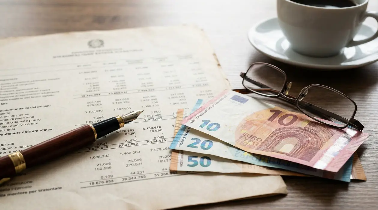 Banconote in euro su un documento contabile con penna, occhiali e tazza, tema pensione minima