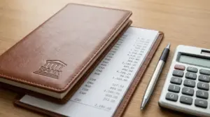 Libretto bancario con estratto conto, penna e calcolatrice su un tavolo di legno