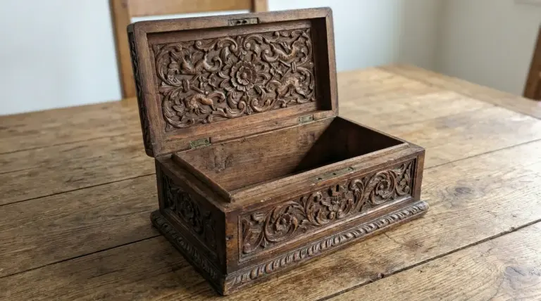 Portagioie antico in legno intagliato, aperto su un tavolo, con decori nascosti sotto il coperchio