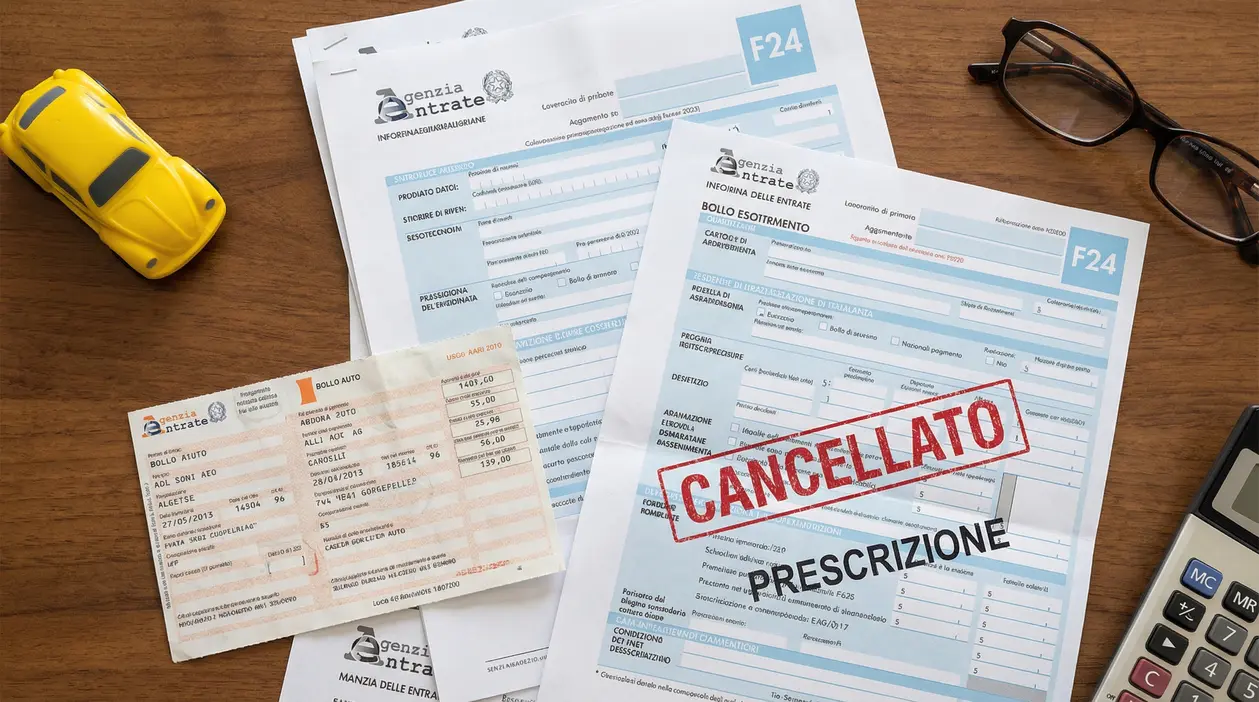Documenti F24 e bollo auto su un tavolo con modellino di auto gialla, calcolatrice e occhiali