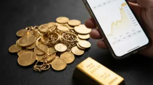 Monete e gioielli in oro accanto a uno smartphone con grafico del prezzo, simbolo della vendita al miglior valore