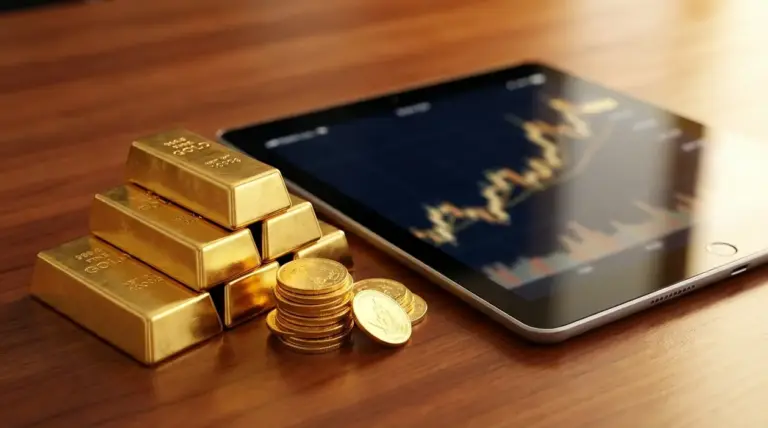 Lingotti e monete d’oro accanto a un tablet con grafico finanziario, simbolo del rialzo del prezzo dell’oro
