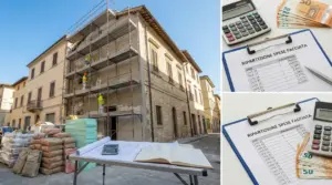 Condominio con ponteggi per rifacimento facciata e documenti per la ripartizione delle spese